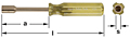 Horizontal image of a nut driver with a clear yellow acetate handle on the right, while the socket nut driver sits left. AMPCO Safety Tools is printed on the handle. Labeled with dimensions a for the socket and shaft length, l for total length and s on a 